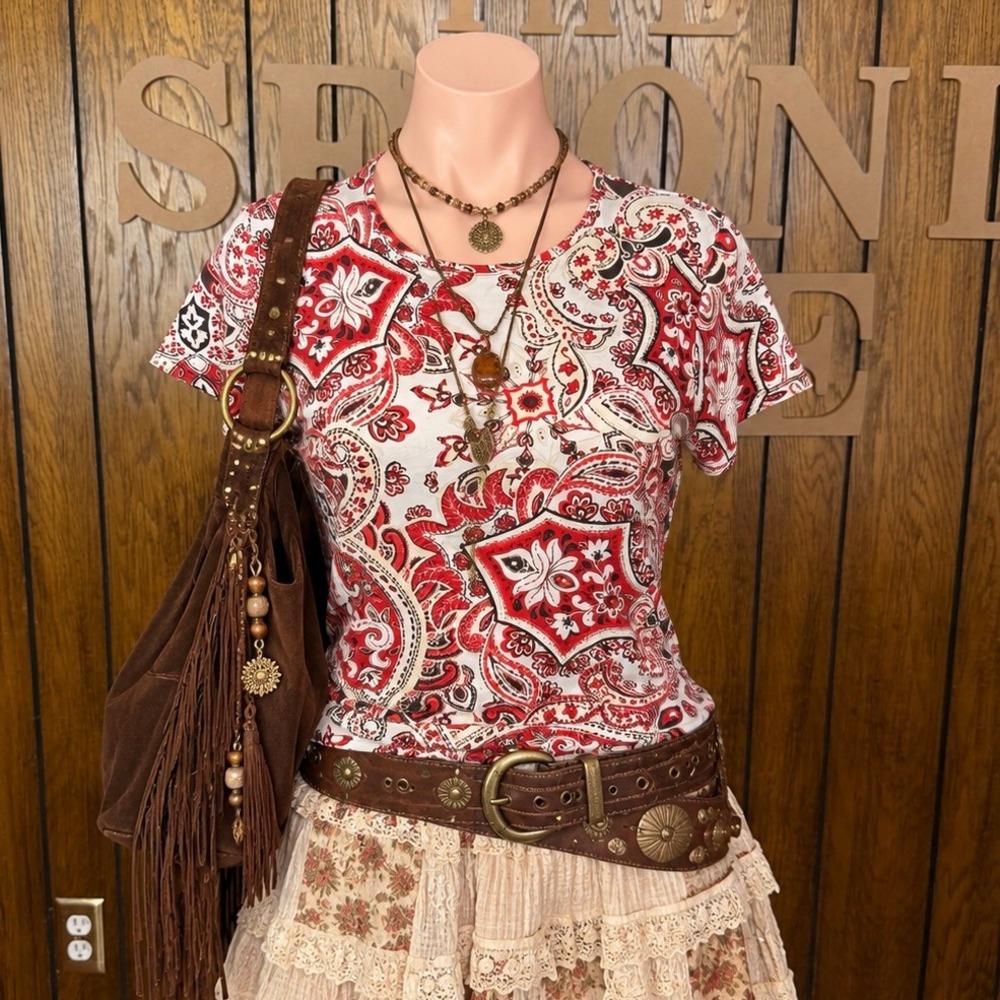 Red Brown Paisley Medallion Tee Croft & Barrow Women M Y2K Boho Western Retro
